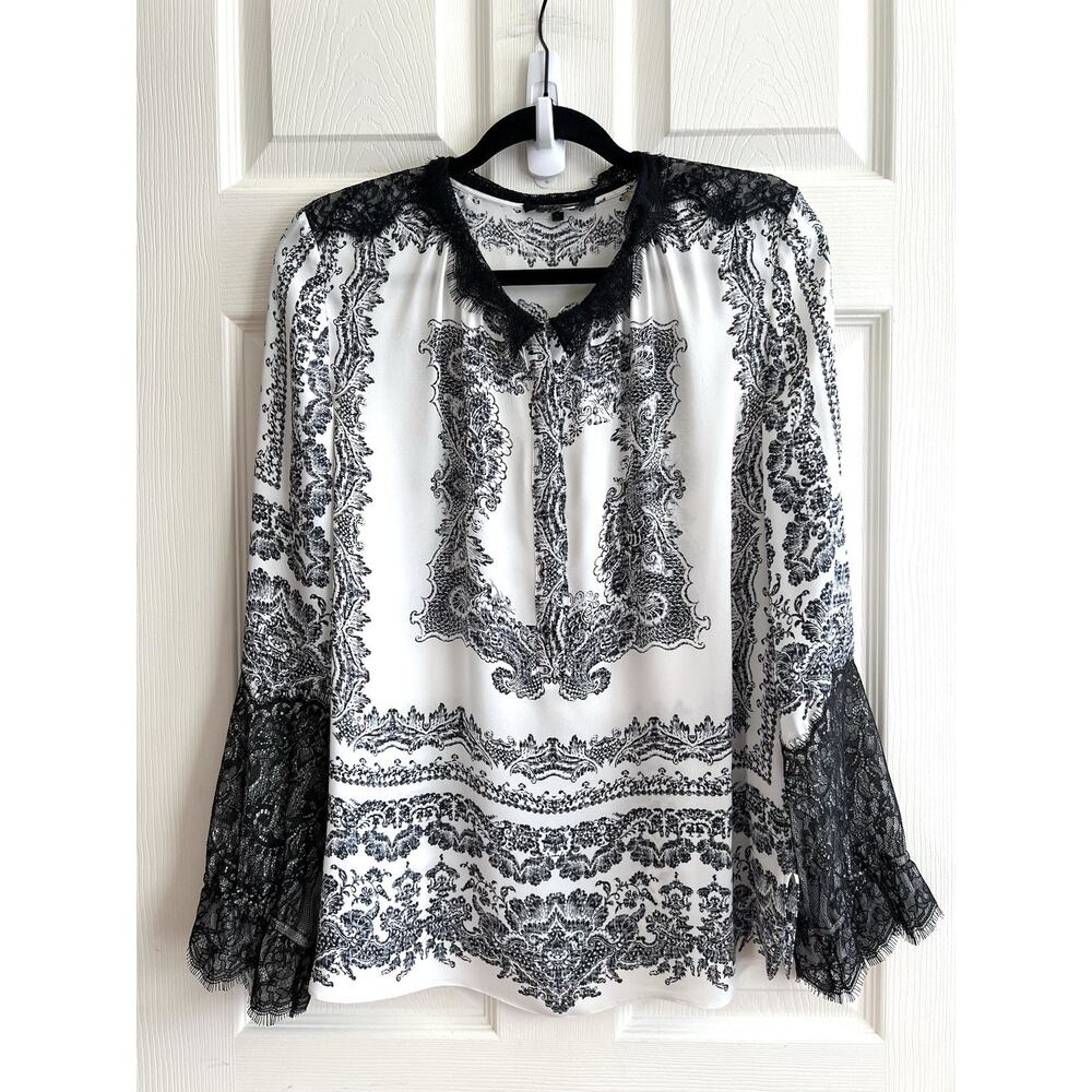 KOBI HALPERIN 100% Silk Black White Delicate Lace Trim Tunic Blouse Top Sz S